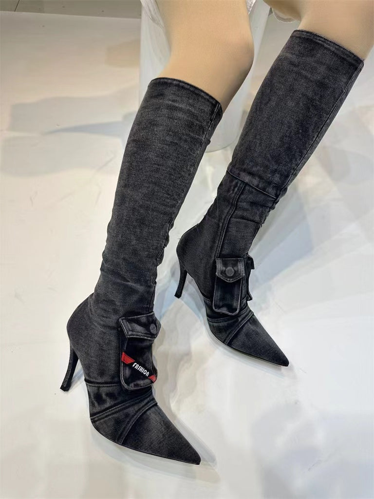 Damen High-Stiletto Denim Über-die-Knie Stiefel mit dekorativer Tasche WW
