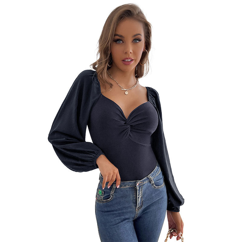 Damen Body mit eleganten Puffärmeln und dekorativem Knoten WW