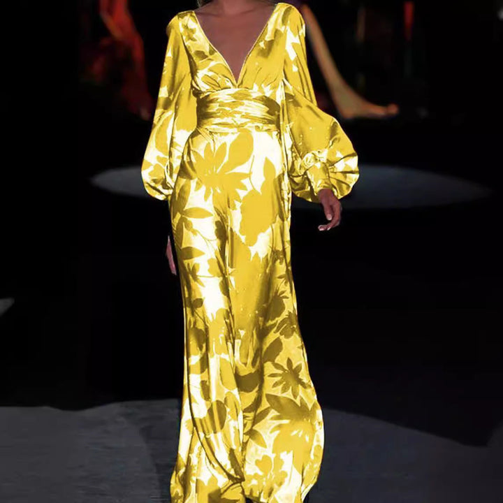 Damen Elegantes Maxi-Jumpsuit mit floralen Mustern und tiefem V-Ausschnitt W&W Mode