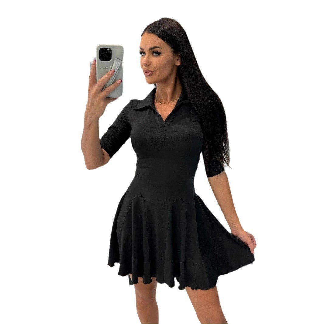 Damen A-Linien Kleid mit Polo-Kragen und schwingendem Rock WW