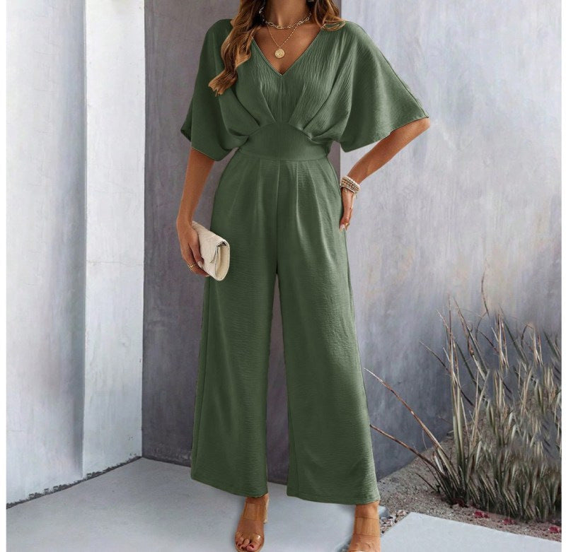Damen Weit geschnittener Jumpsuit mit eleganten Drapierungen und V-Ausschnitt WW