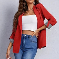 Damen stilvolle und vielseitige Blazerjacke mit umgeschlagenen Ärmeln WW