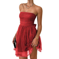 Damen schulterfreies Cocktailkleid mit fließendem Tüll und feinen Glitzerdetails WW