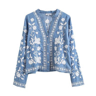Damen bestickte Bluse im Vintage-Stil mit elegantem Kragen und Druckknopfverschluss WW