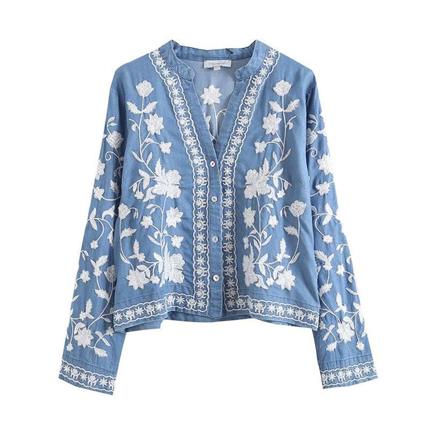 Damen bestickte Bluse im Vintage-Stil mit elegantem Kragen und Druckknopfverschluss WW