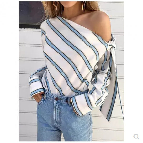Damen asymmetrische Bluse mit Streifen und verspielten Bindebändern WW