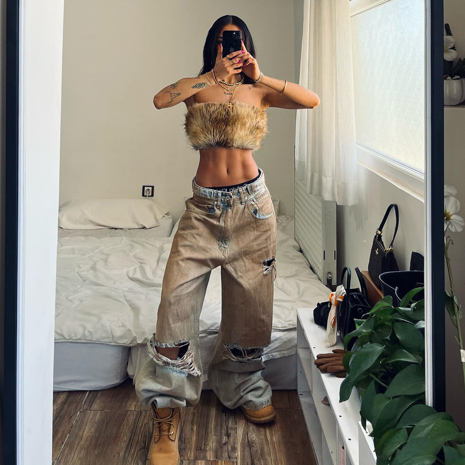 Damen Baggy Jeans mit ausgefranstem Saum und used Look WW