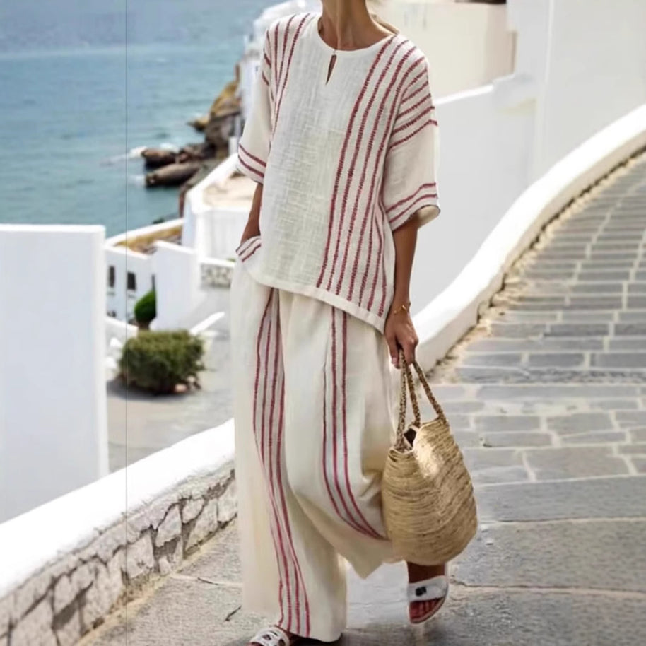 Damen leichte gestreifte Leinen Tunika und Hose Set WW