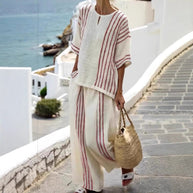 Damen leichte gestreifte Leinen Tunika und Hose Set WW