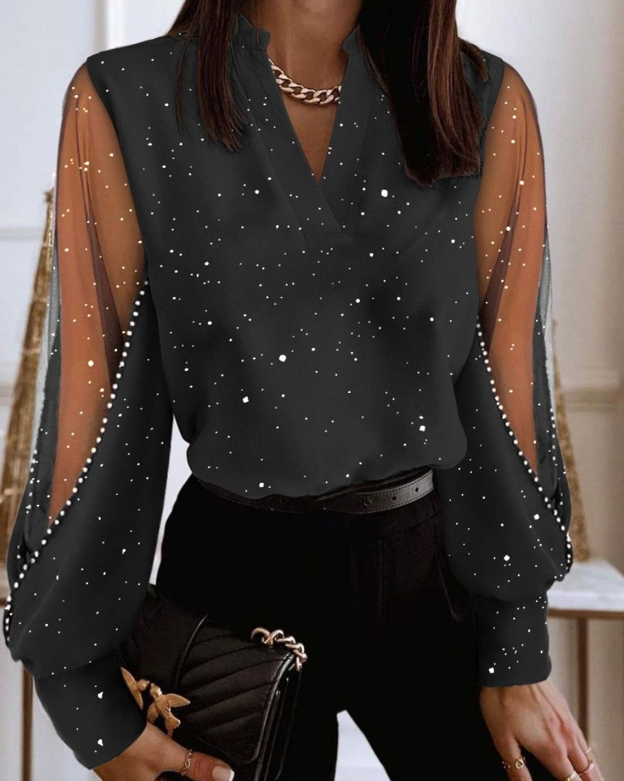 W&W Mode | Elegante Bluse Mit Transparenten Ärmeln, Bestickt Mit Blumen Für Damen