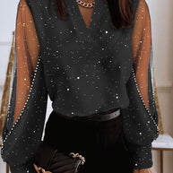 WW | Elegante Bluse Mit Transparenten Ärmeln, Bestickt Mit Blumen Für Damen