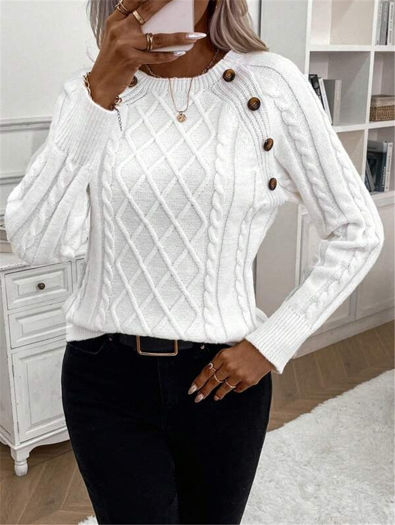 Damen Strickpullover mit strukturiertem Rautenmuster und dekorativen Knöpfen WW