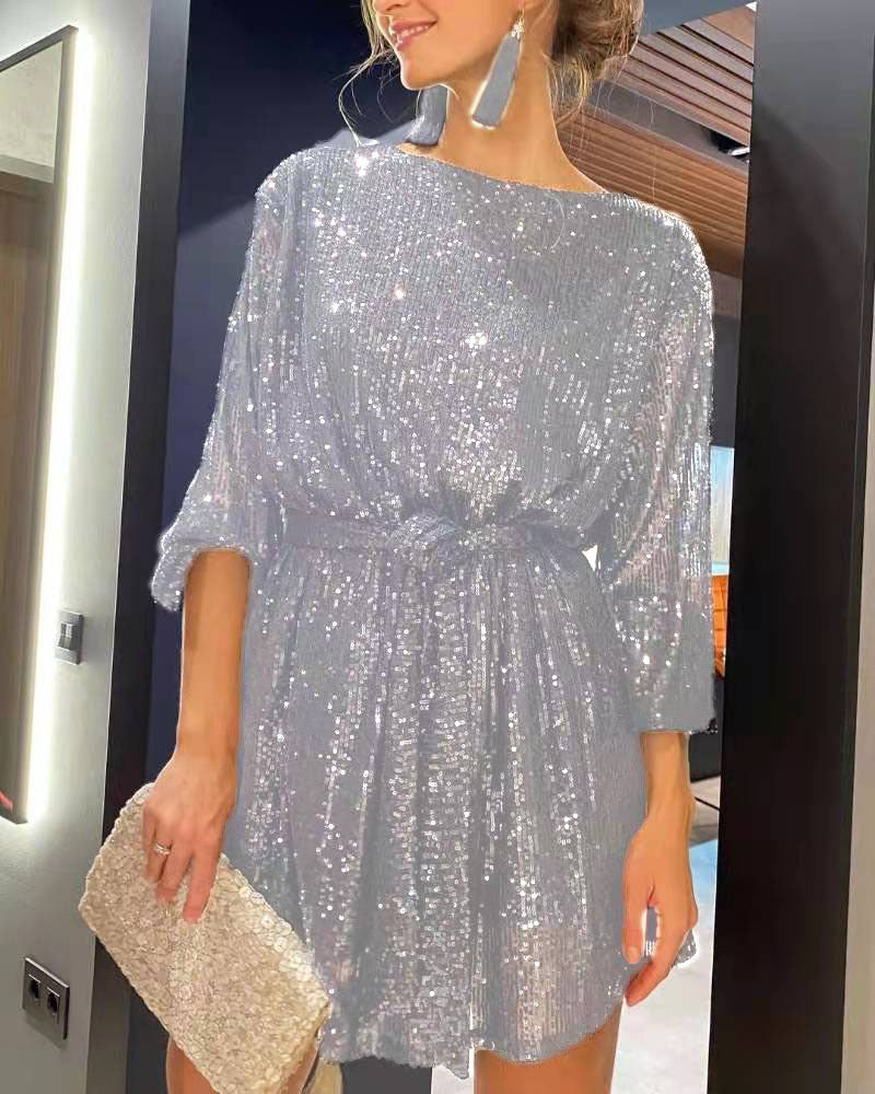 WW | Urlaubsfestmode Pailletten Taillengürtel Kleid