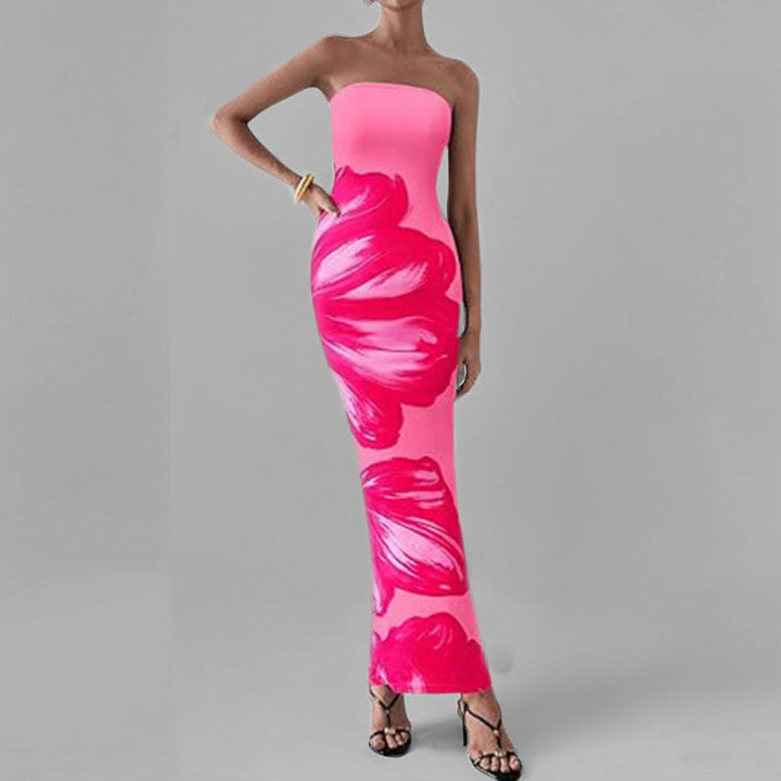 Anmutiges Blumenmuster Schulterfreies Figurbetontes Kleid W&W Mode