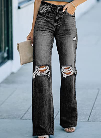 Damen Weite Jeans im Destroyed-Stil mit hohen Taschen und authentischen Details WW