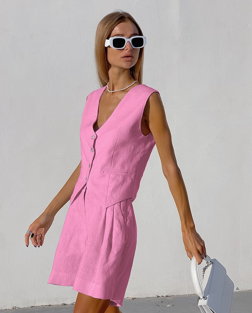 Damen luftiges Leinen-Set mit ärmellosem Blazer und Shorts WW