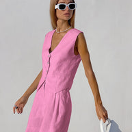 Damen luftiges Leinen-Set mit ärmellosem Blazer und Shorts WW