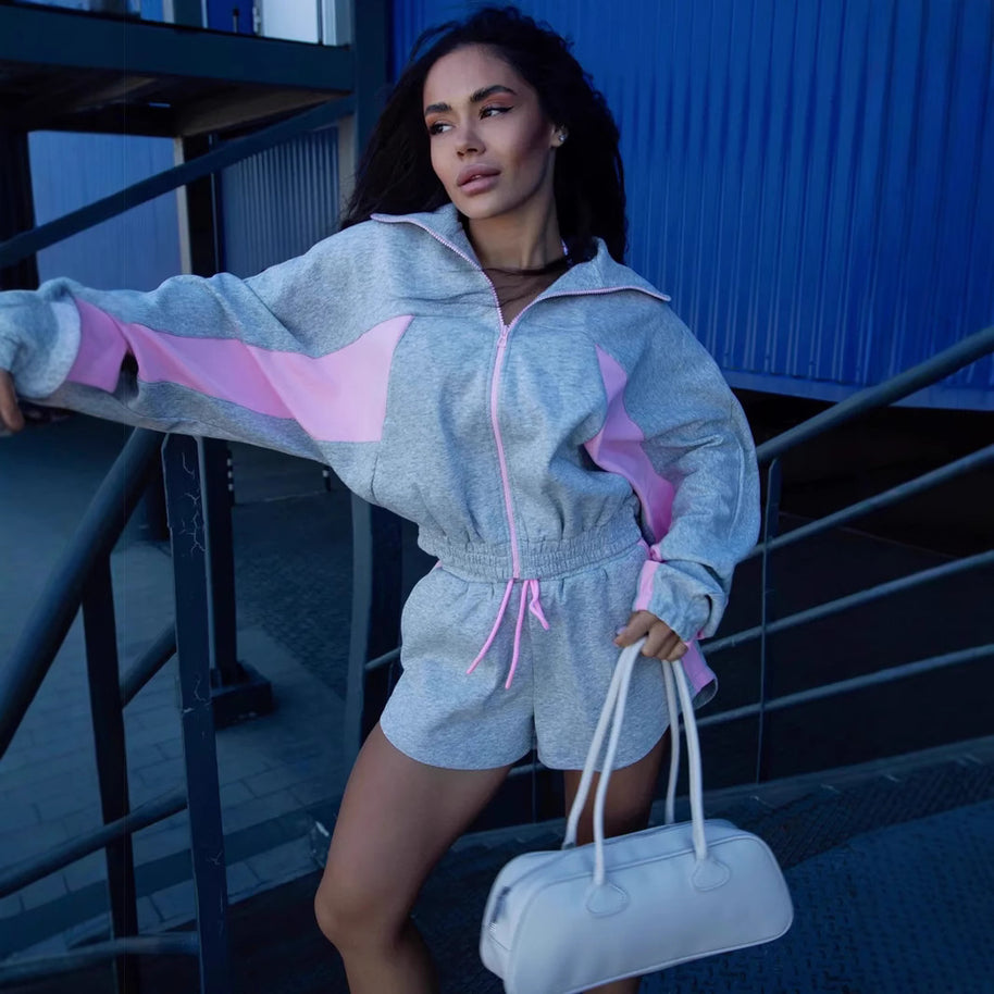 Damen sportliches Freizeitanzug-Set mit dekorativen Kontrasten und praktischen Taschen WW