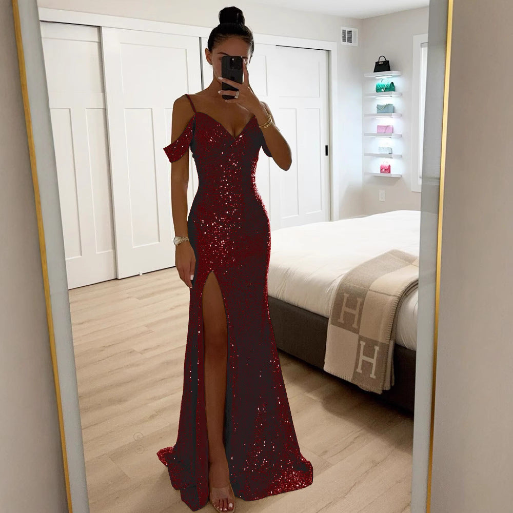 Damen Glamouröses Abendkleid mit funkelndem Paillettenbesatz und elegantem Schlitz WW