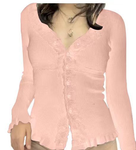 Damen Strickoberteil mit romantischem Spitzenbesatz und Rüschendetails WW