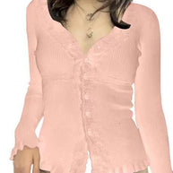 Damen Strickoberteil mit romantischem Spitzenbesatz und Rüschendetails WW