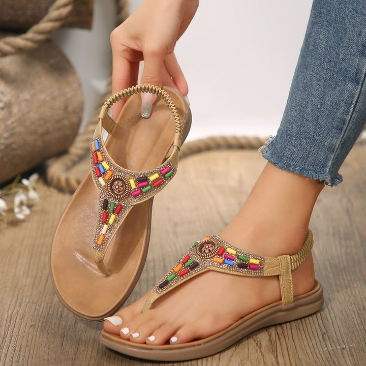 Damen Zehentrenner-Sandalen mit buntem Schmuckdetail und bequemer Fußbettgestaltung W&W Mode