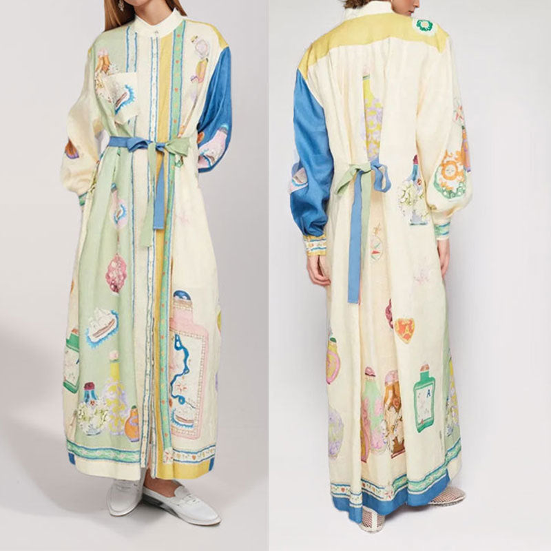 Damen Langes Hemdkleid mit kunstvollem Druck und Taillengürtel WW
