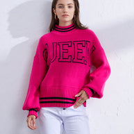 Damen sportlicher Pullover mit hohem Kragen und modischem Schriftzug WW