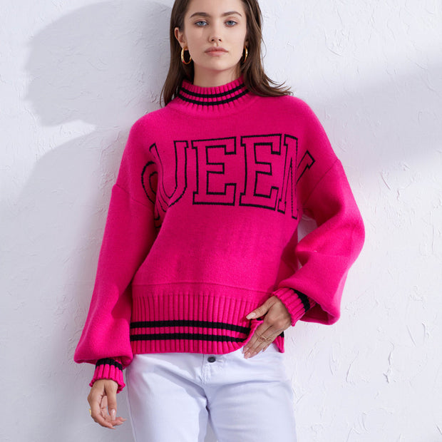 Damen sportlicher Pullover mit hohem Kragen und modischem Schriftzug WW