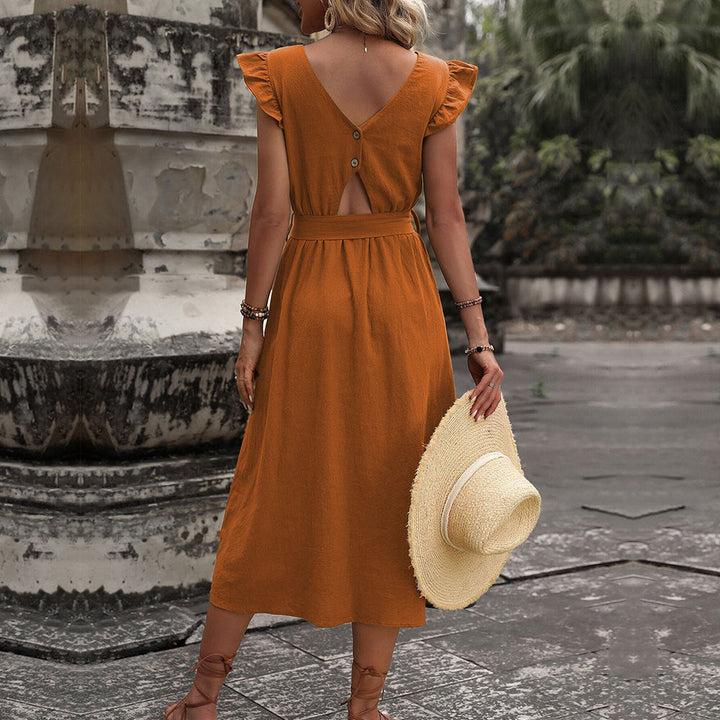 Damen Midi-Kleid mit Rüschendetails und tailliertem Bindegürtel W&W Mode