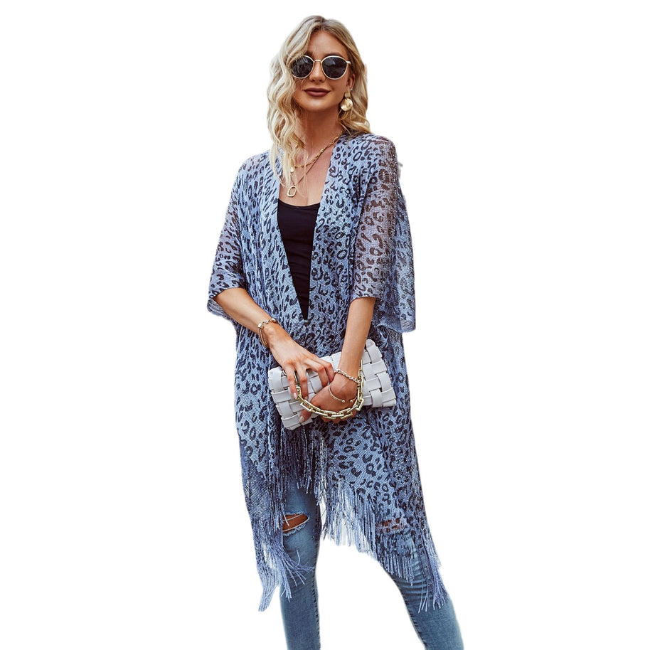 Damen Eleganter Fransen-Poncho mit Leopardenmotiv WW