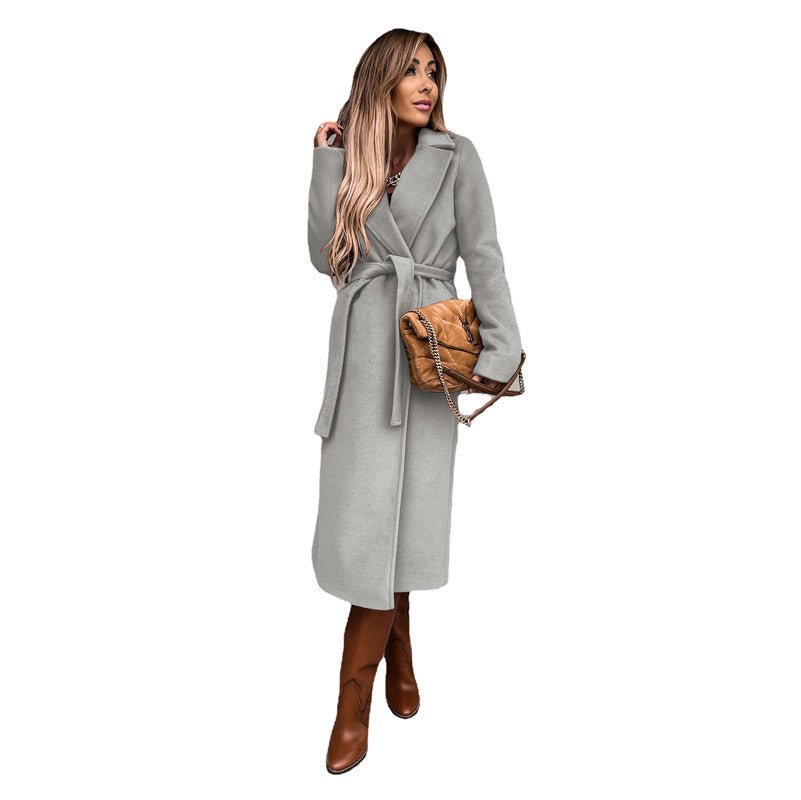 Damen eleganter lange Mantel mit Gürtel und hohem Kragen W&W Mode