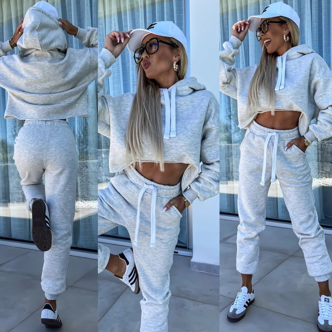 Damen bequemer Cropped Hoodie mit elastischem Bund und lässiger Jogginghose Set WW