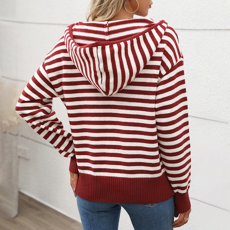 Damen gemütlicher Strickpullover mit modischem Reißverschluss und Streifenmuster WW