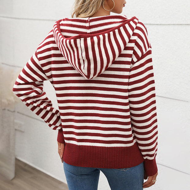 Damen gemütlicher Strickpullover mit modischem Reißverschluss und Streifenmuster WW