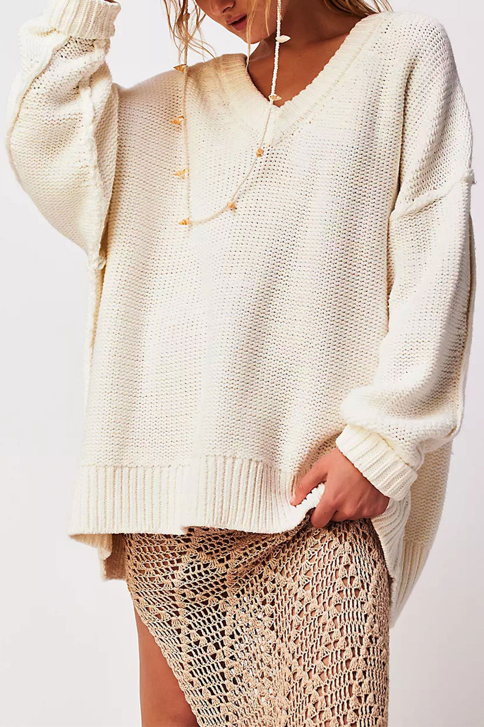 Damen V-Ausschnitt Oversized Pullover mit strukturiertem Strickmuster WW