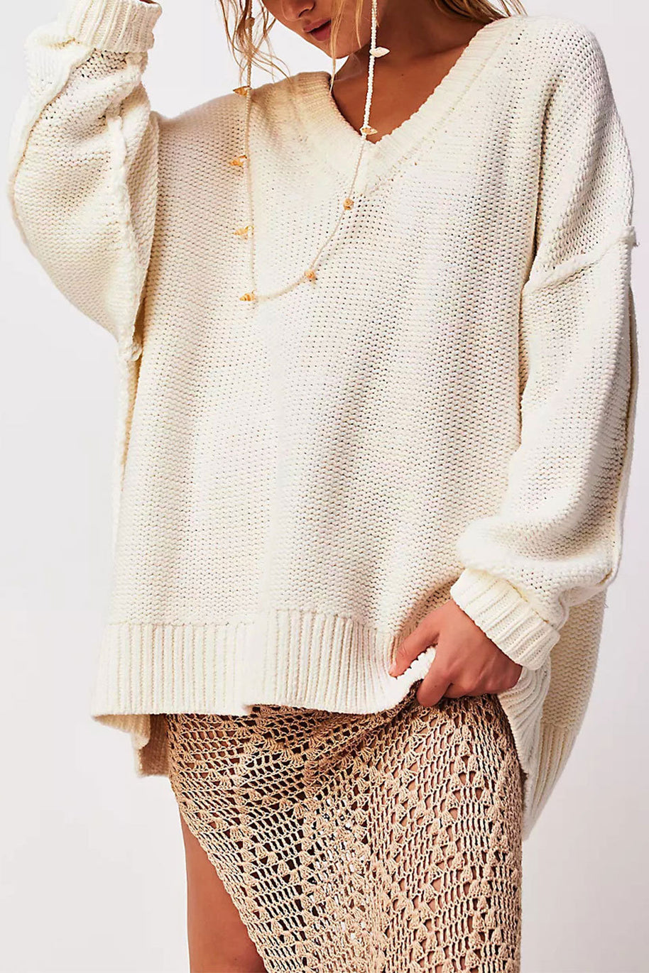 Damen V-Ausschnitt Oversized Pullover mit strukturiertem Strickmuster WW