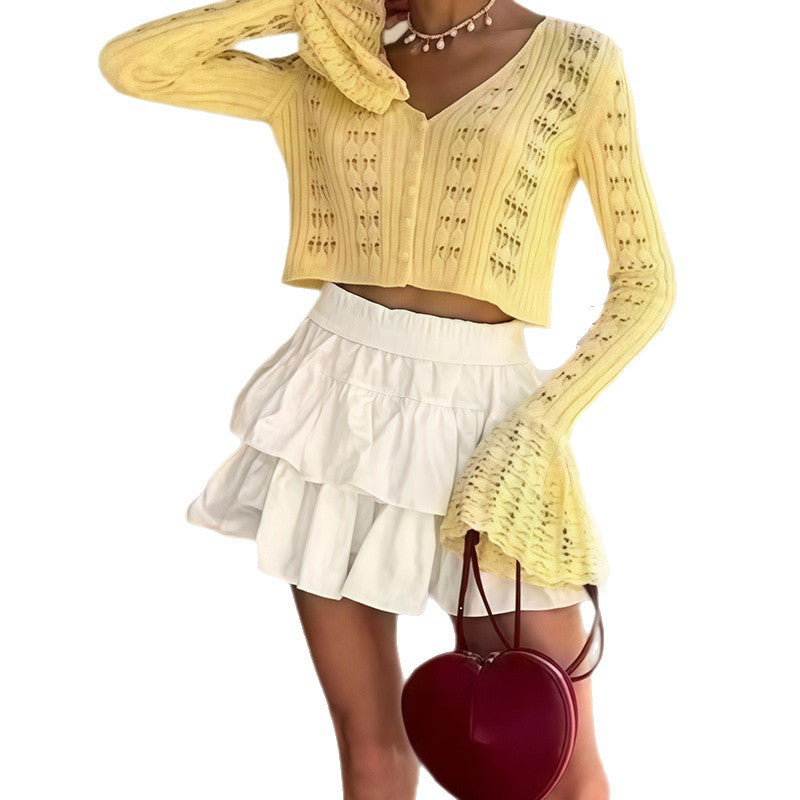 Damen Strickoberteil mit Lochmuster und weitem Ärmel WW