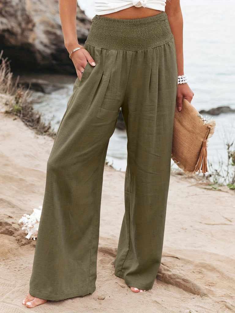Damen Lange, weite Leinenhose mit elastischem Bund WW