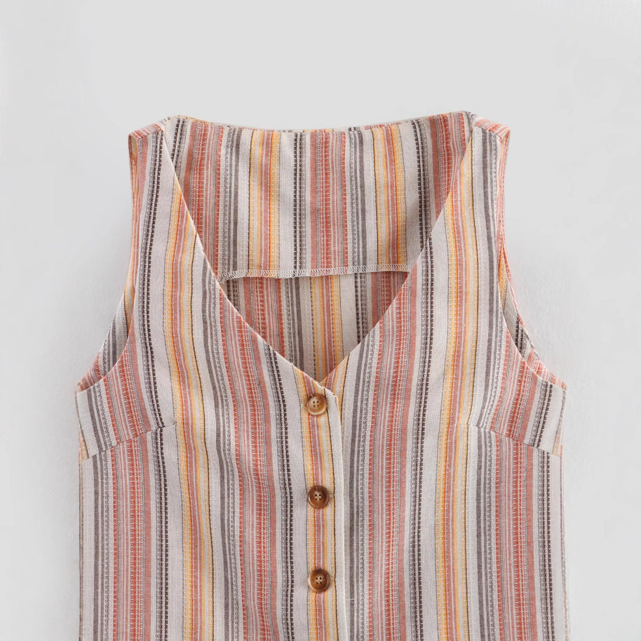 Damen ärmellose Bluse mit V-Ausschnitt und stilvollem Streifenmuster WW