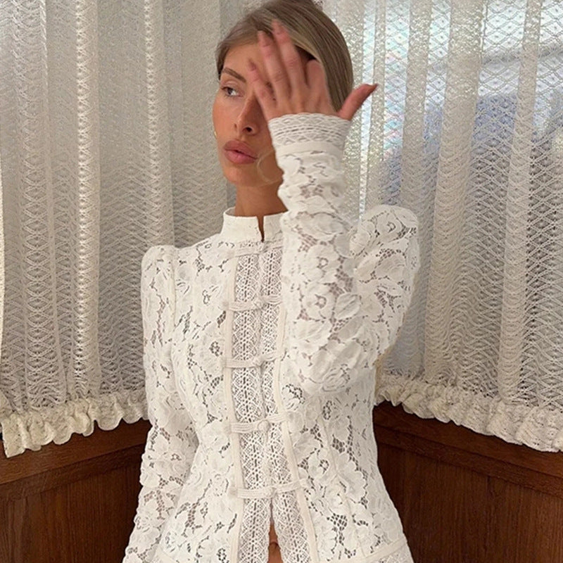 Damen Spitzen-Bluse mit feinen Rüschendetails und transparenten Ärmeln WW