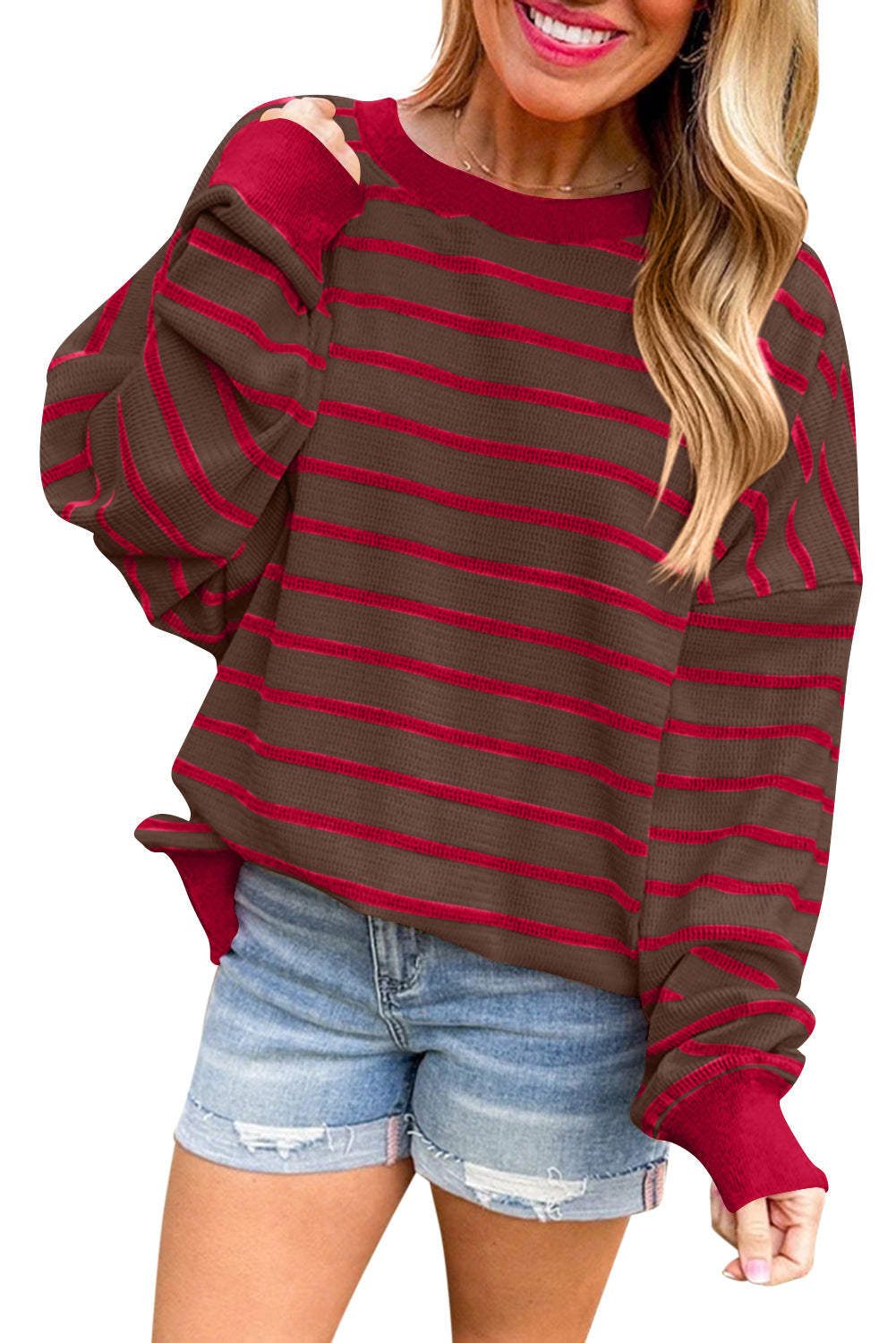 Damen lässiger und bequemer Pullover mit strukturiertem Rippenmuster und weitem Schnitt W&W Mode