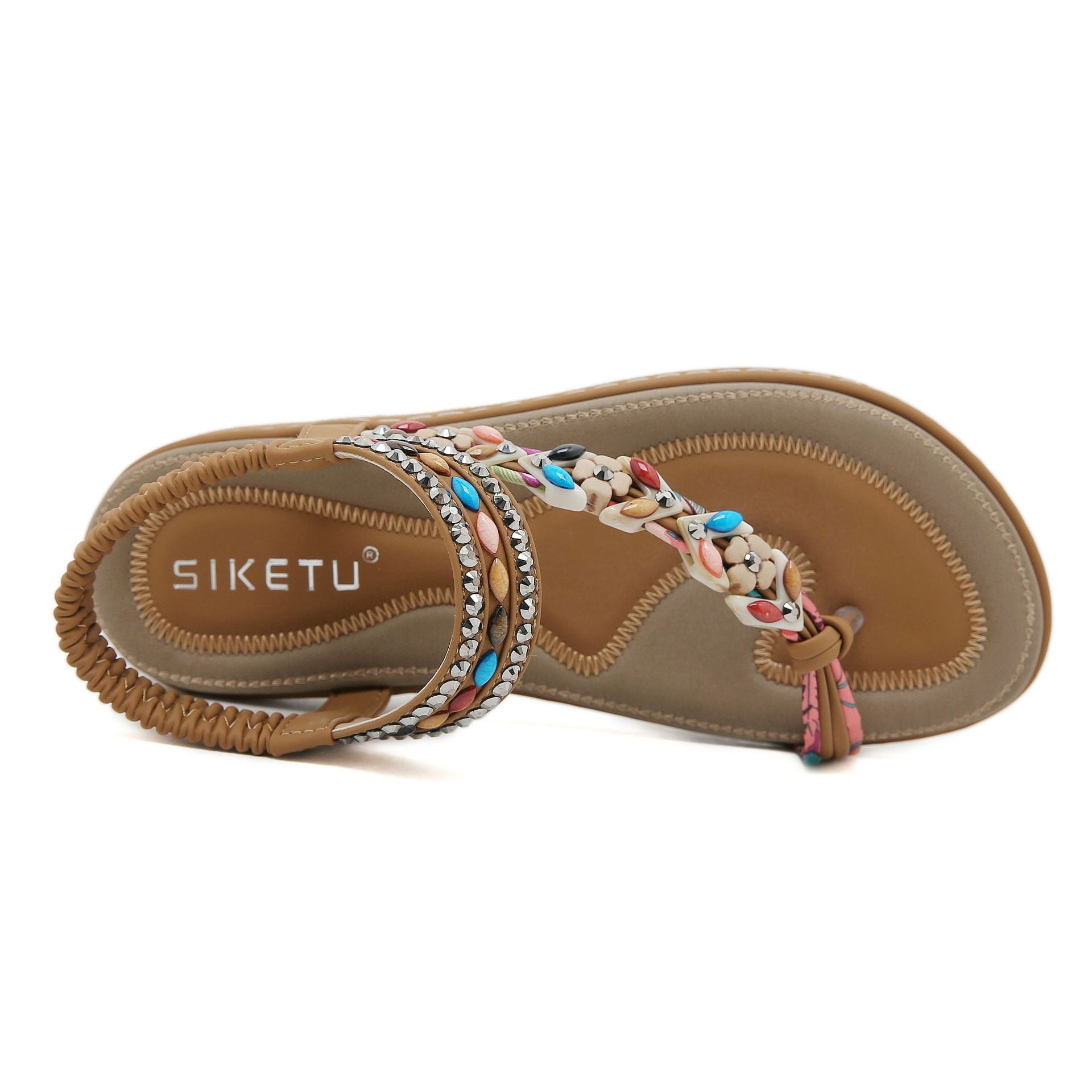 Damen Sandalen im Boho-Stil mit funkelnden Perlenverzierungen und bequemem Fußbett WW