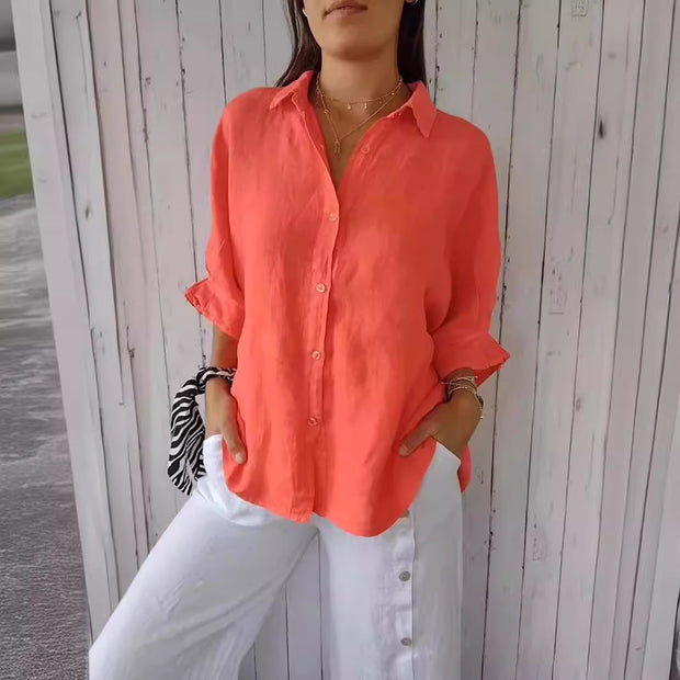 Damen lässige Bluse aus Leinen mit Knopfleiste und seitlichen Taschen WW