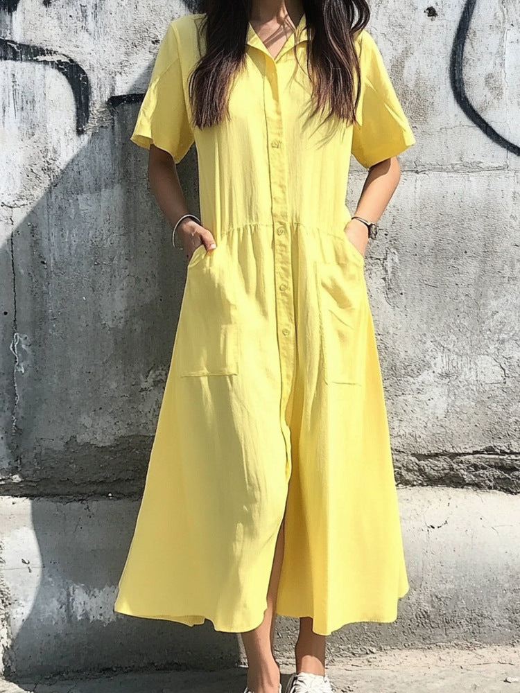 Damen Langarm Kleid mit Knopfverschluss und praktischen Taschen WW