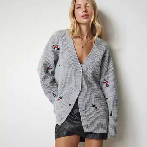 Damen Strickcardigan mit floralen Stickereien WW