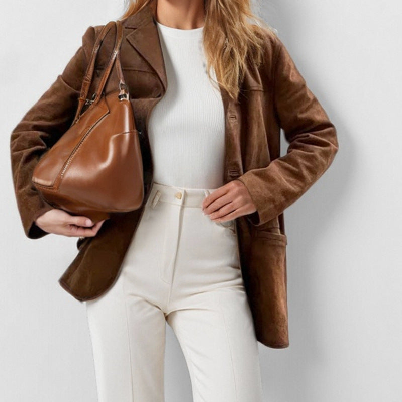Damen Eleganter Blazer aus weichem Wildlederimitat mit schmalem Schnitt WW