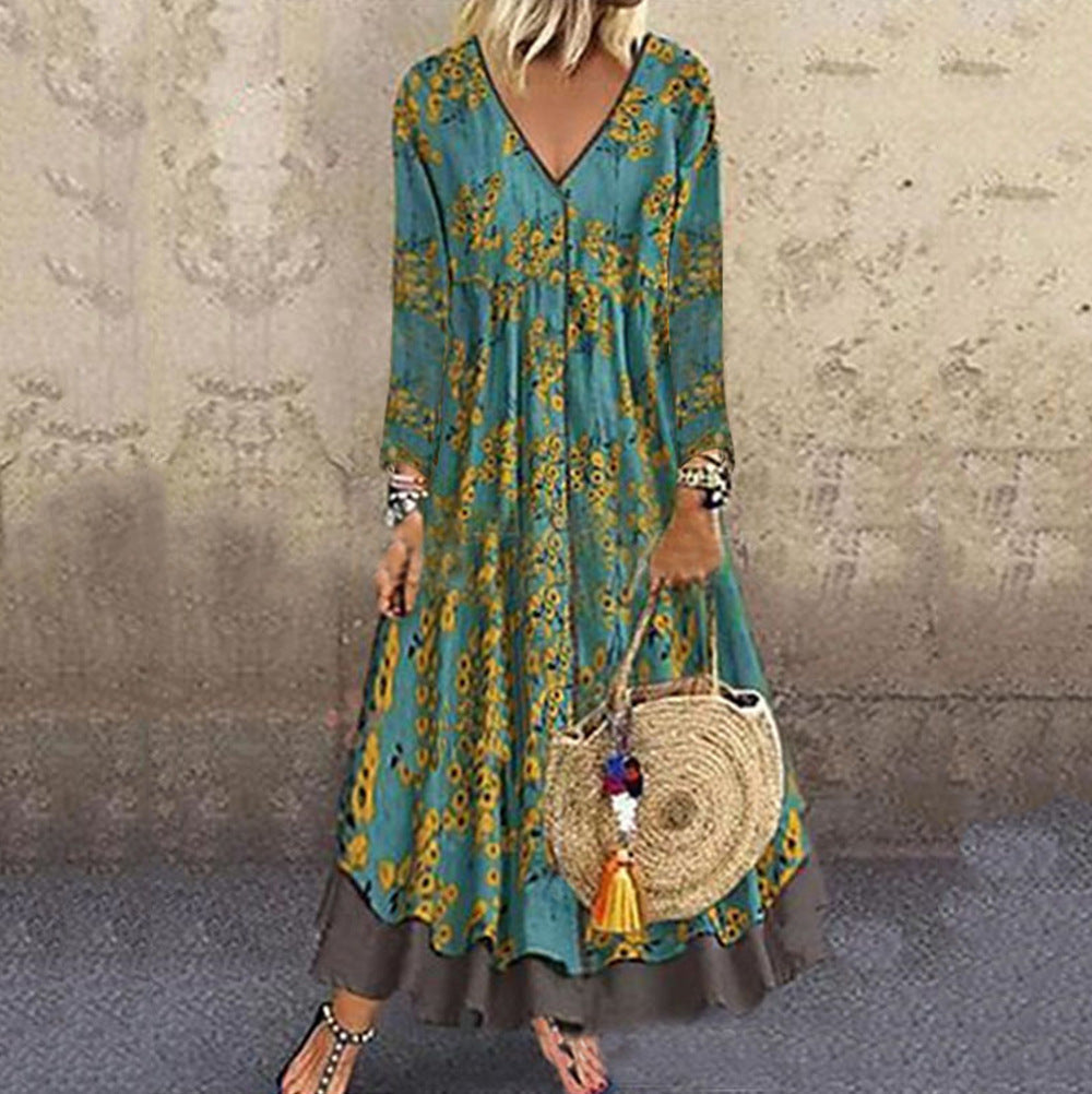 Damen blumiges Maxikleid mit weitem Schnitt und V-Ausschnitt W&W Mode