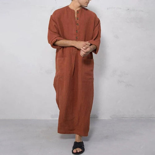 Herren nan weites langes Tunika-Kaftan aus atmungsaktivem Leinen mit Stehkragen Knopfblende und aufgesetzten Taschen W&W Mode