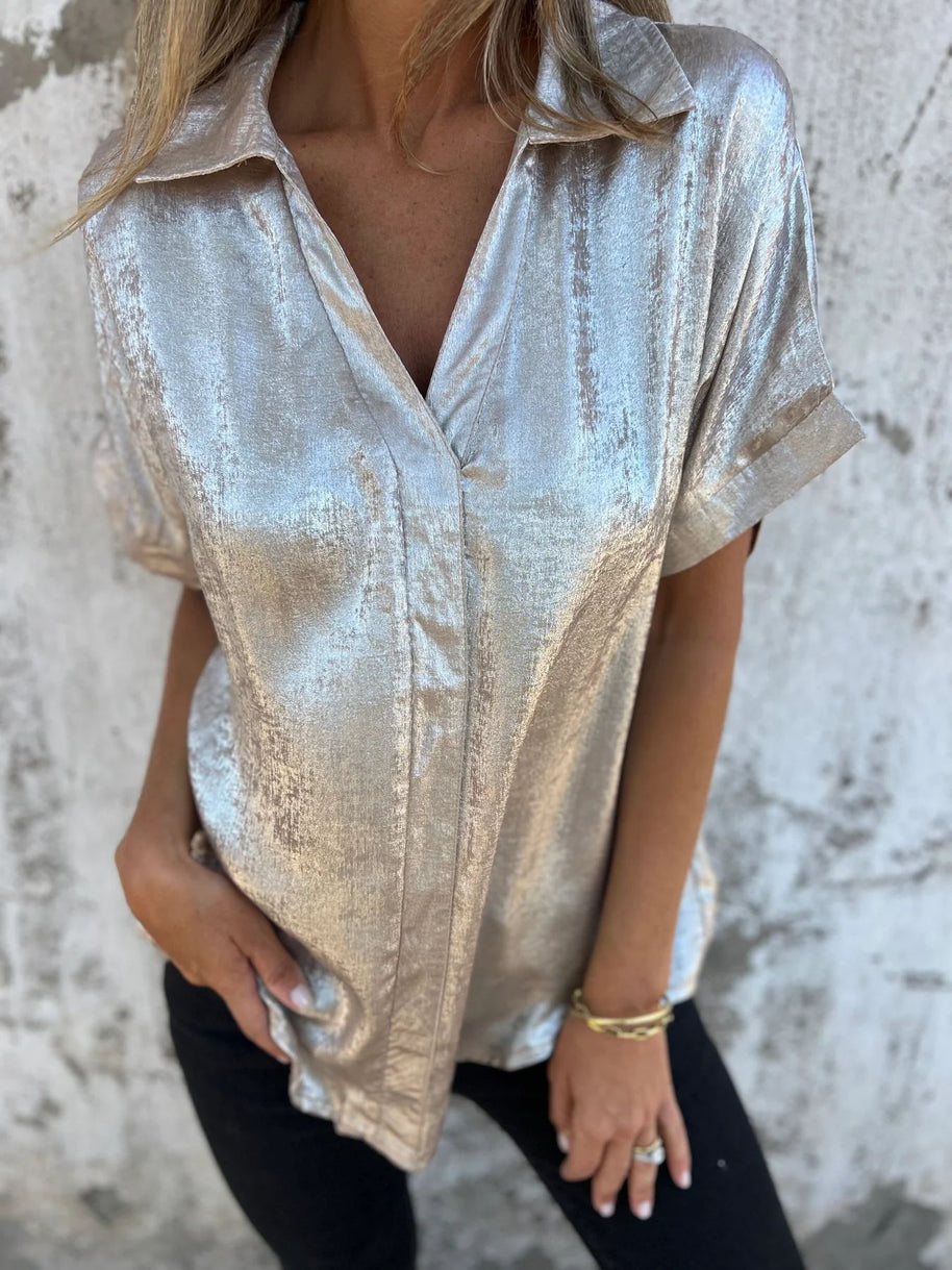 Damen Kurzarm-Seidenbluse mit elegantem Glanz und modischem Revers WW